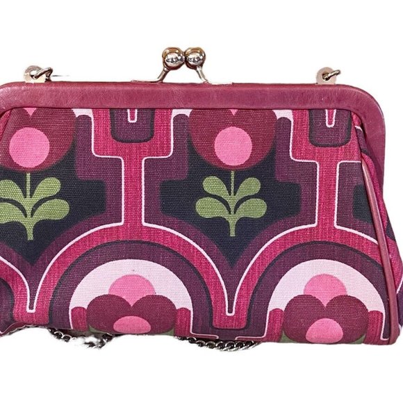 Isabella Fiore Pink/Green Beaded Tulip Flower Kiss Lock Bag Purse Chain Strap - Picture 4 of 5